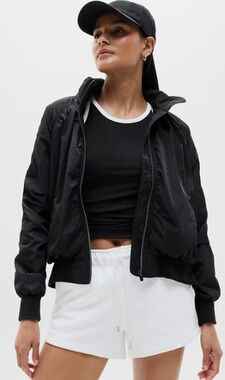 Athleta Jetset Bomber Jacket Black Women's Size XL 10-16 Full Zip Stowable Hood